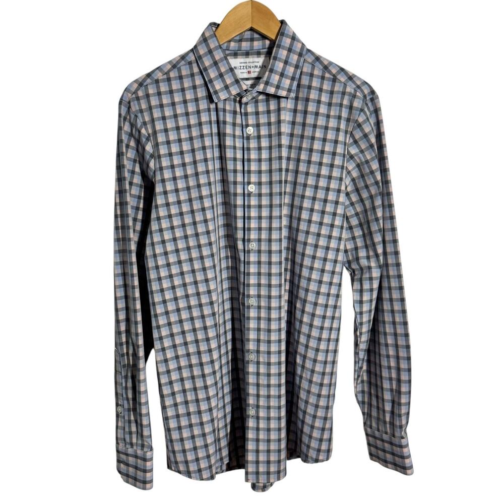 Mizzen‎ Main Leeward Collection Button Up Shirt Men L Blue Trim Fit Plaid Spring